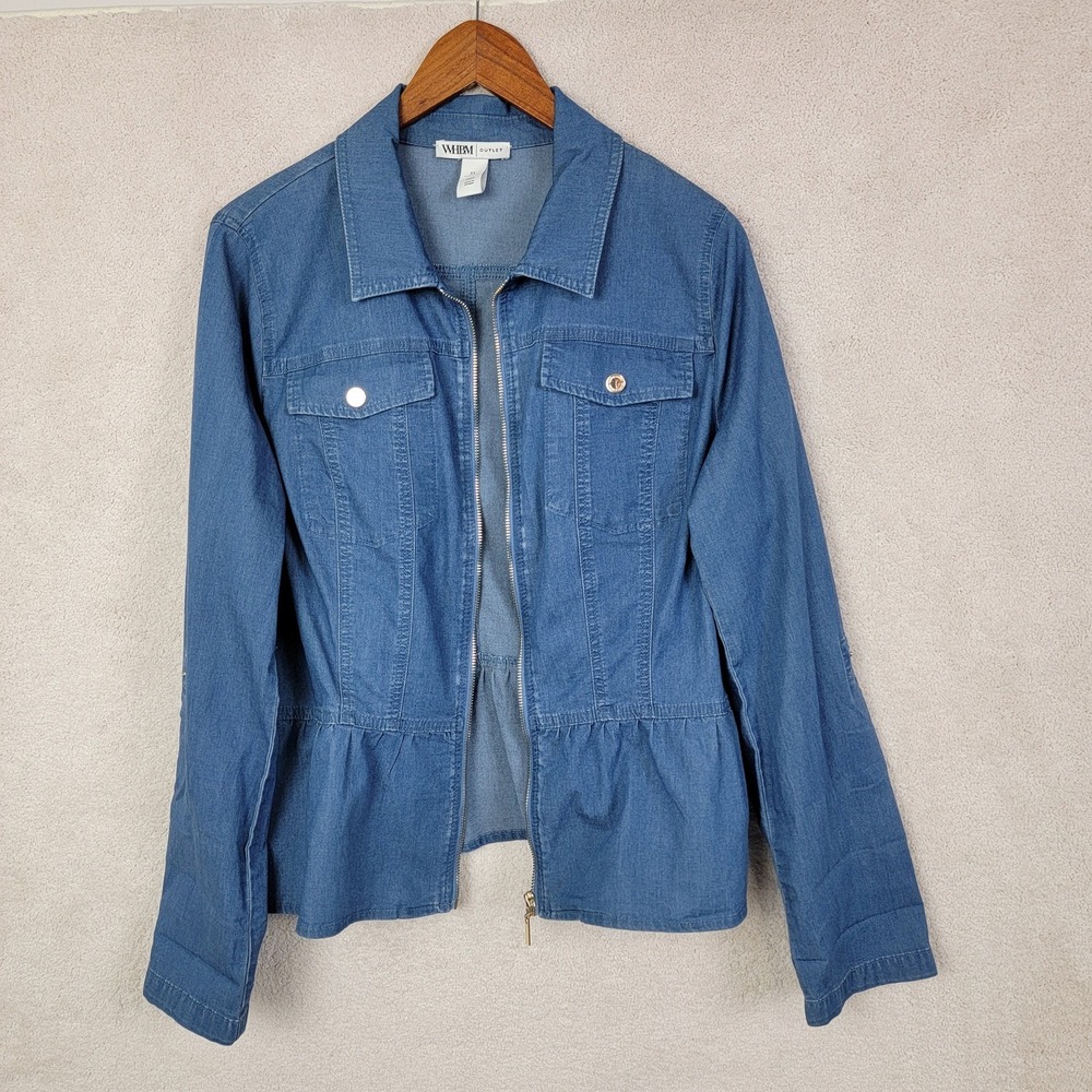 WHBM Peplum Zip Front Shacket Women XL Blue Chambray Denim Utility Fall Jacket - Picture 6 of 10